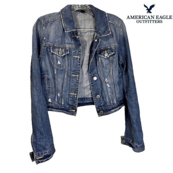 AE Distressed Cropped Denim Jacket for‎ Women Classic Jean Jackets - Picture 1 of 7